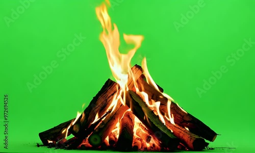 a bright green screen flickers with bonfire flames, creating dynamic fire effects perfect for creative video transitions