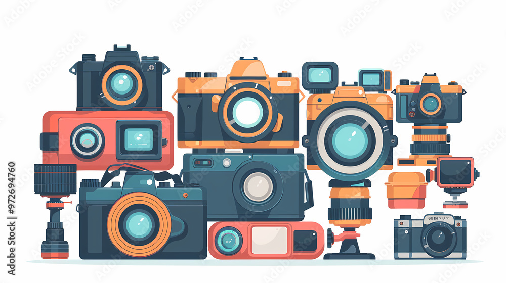 Obraz premium A simple vector icon illustration depicting the group of photography equipment items at center for a website isolated white background