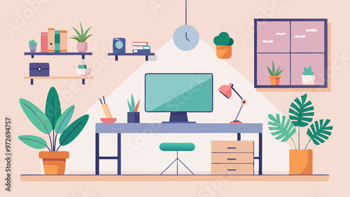 Illustration of a modern home office with a clean and organized work desk containing a computer, decorative plants and various office supplies.