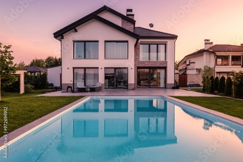 Modern House with a Pool and a Pink Sky