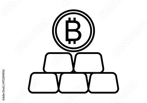 Icono negro de lingotes con moneda de bitcoin encima