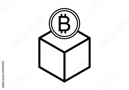 Icono negro de cubo con bitcoin representando blockchain 