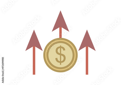 Moneda de dólar dorada con flechas roja hacia arriba de aumento de inflación 