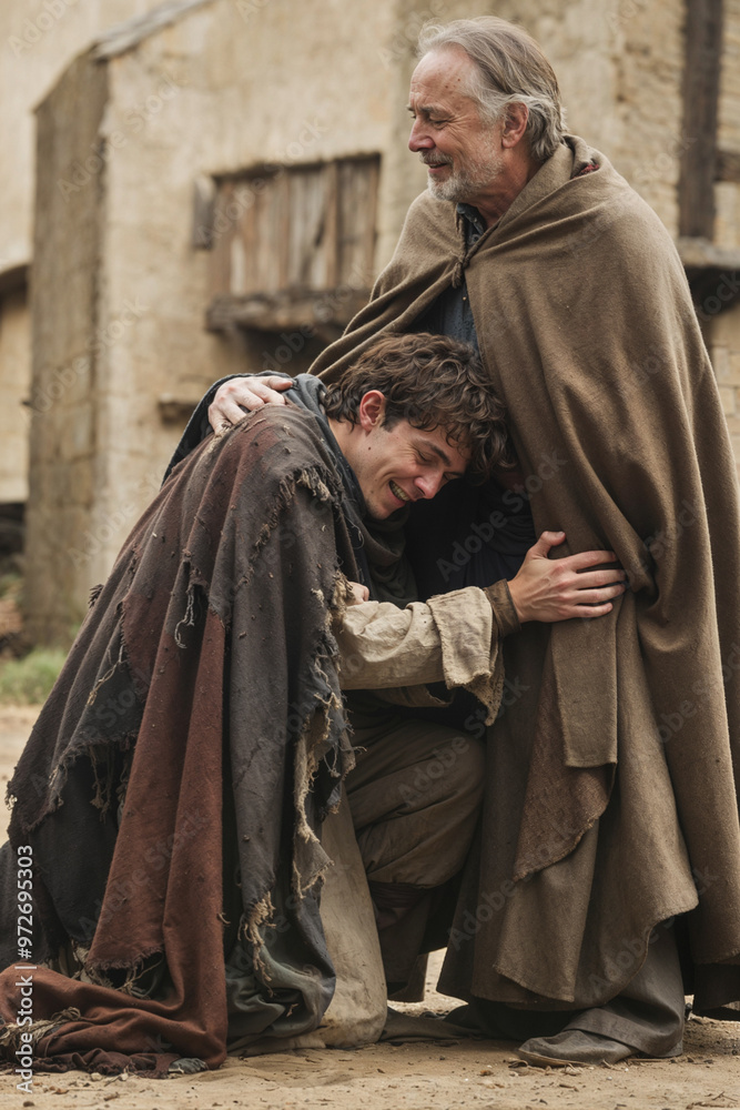 Naklejka premium Emotional portrait of the Prodigal son re-encountering his father after loosing all of his inherited fortune with worldly things. Forgiveness and love concept. Biblical parable. Father and son reunion