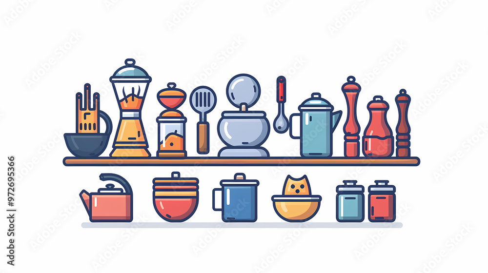 A simple vector icon illustration depicting the group of kitchenware items at center for a website isolated white background