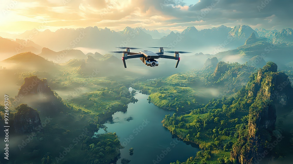 Fototapeta premium Drone flying over lush green valley, river, and distant mountains, capturing breathtaking views of untouched nature. High-tech exploration in stunning surroundings.