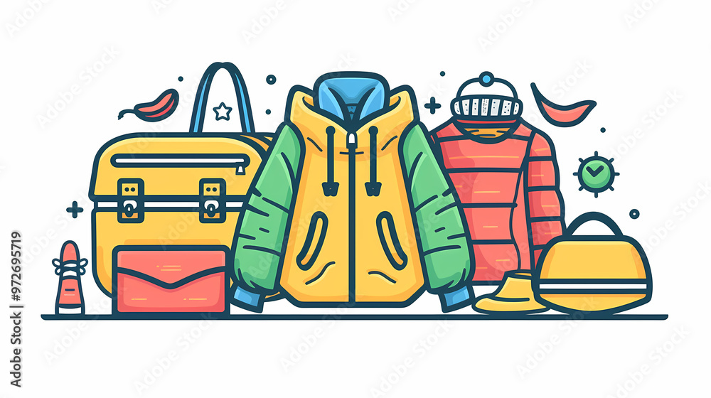 Fototapeta premium A simple vector icon illustration depicting the group of clothing and accessories items at center for a website isolated white background 