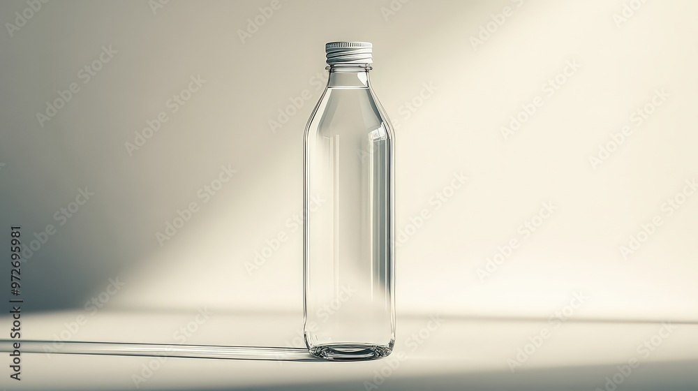 Clear glass bottle with a screw cap, placed in soft sunlight, highlighting its simplicity and transparency in a minimalist setting. Clear glass bottle with a screw cap, placed in soft sunlight, highlighting its simplicity and transparency in a minimalist setting.