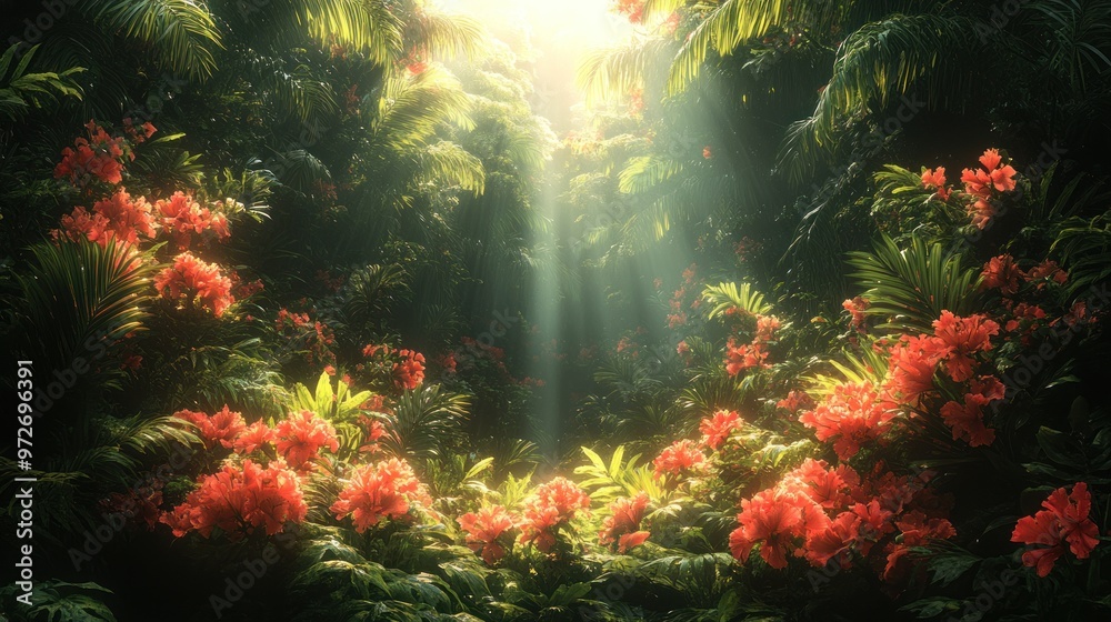 Lush green forest with vibrant red flowers and sunlight beams.