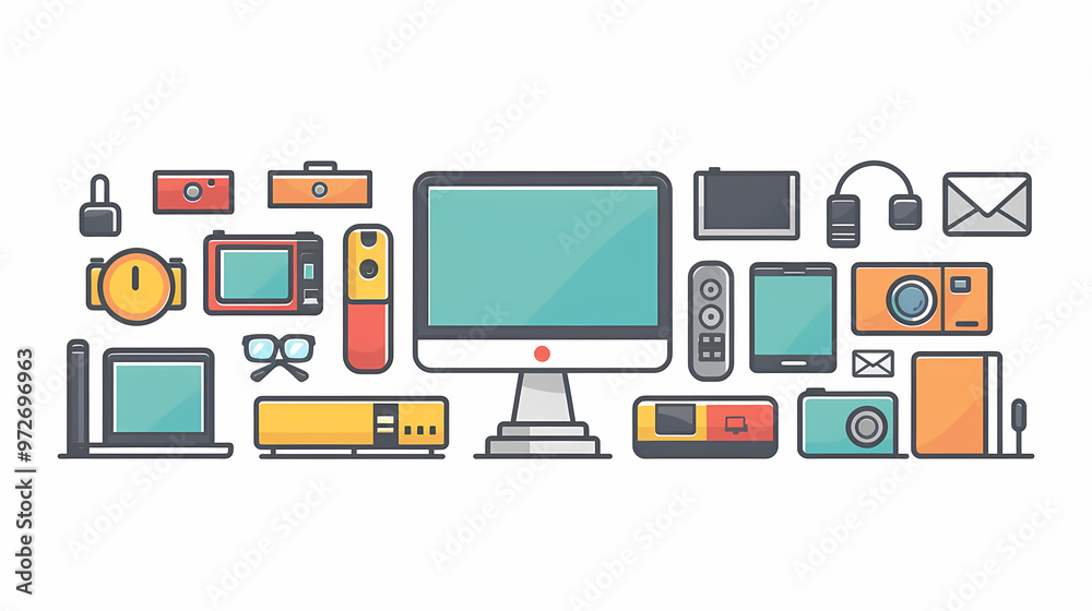 simple vector icon illustration depicting the group of tech gadget items at center for a website isolated white background simple vector icon illustration depicting the group of tech gadget items at center for a website isolated white background
