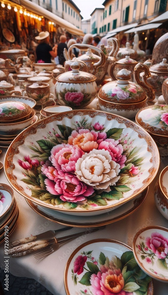 italienische Töpferware mit einem Pfingstrosen Motiv auf einem Kunstmarkt in Italien italienische Töpferware mit einem Pfingstrosen Motiv auf einem Kunstmarkt in Italien