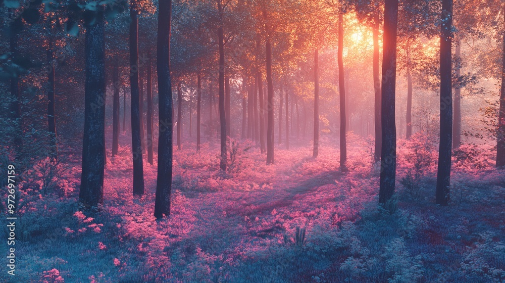 Fototapeta premium Heatmap of a forest in spring, with warmer tones showing areas of new growth and cooler hues in the still dormant parts. 4K hyperrealistic photo.