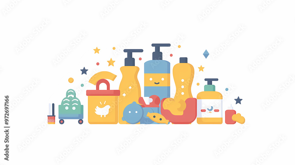 Naklejka premium A simple vector icon illustration depicting the group of baby product items at center for a website isolated white background 