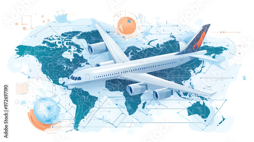 Illustration of an airplane flying over a world map, representing global travel, international aviation, logistics, and modern air transportation with a futuristic design