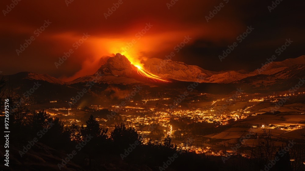 Fototapeta premium Dramatic Volcanic Eruption Illuminating the Night Sky Over a Mountainous Landscape