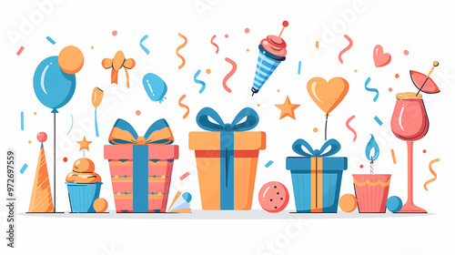 A simple vector icon illustration depicting the group of party supply items at center for a website isolated white background 