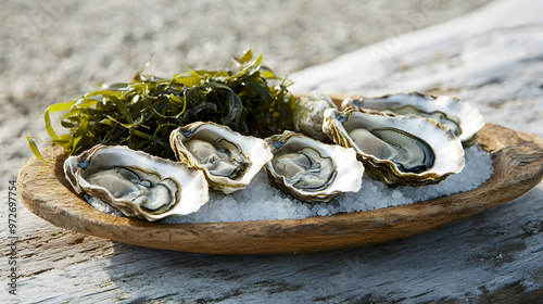 oyster being freshly shucked, with pieces of shell photo