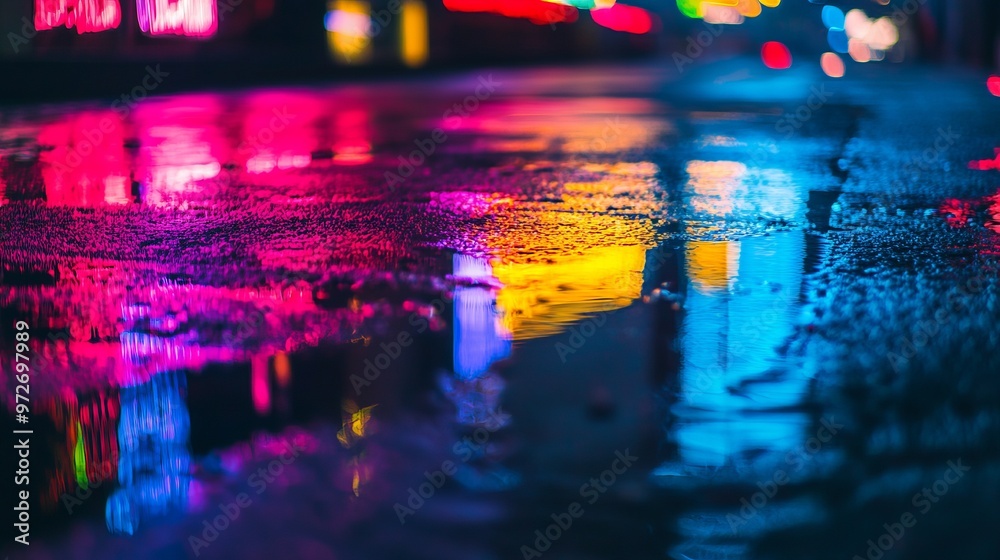 Obraz premium Multi-colored neon lights on a dark city street, reflection of neon light in puddles and water. Abstract night background, blurred bokeh light. Night view colorful