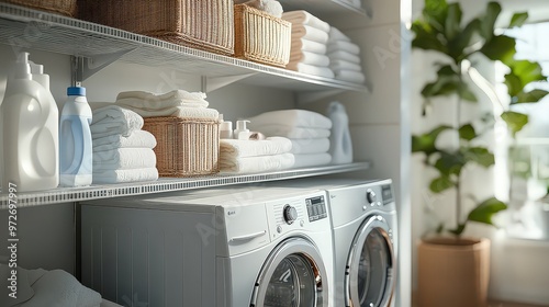  Bright laundry room with clean folded towels, natural light, and modern washing machines, reflecting neatness and order in household chores. photo