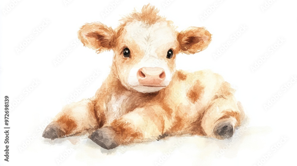 A cute calf resting on a soft surface with a curious expression during the day in a farm setting A cute calf resting on a soft surface with a curious expression during the day in a farm setting