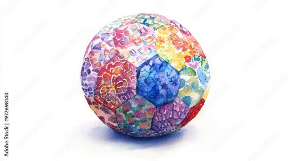 Colorful patterned ball resting on a white surface, showcasing intricate designs and vibrant hues typical of artistic craftsmanship Colorful patterned ball resting on a white surface, showcasing intricate designs and vibrant hues typical of artistic craftsmanship