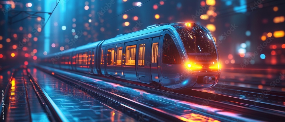Futuristic Train in Cityscape at Night Futuristic Train in Cityscape at Night