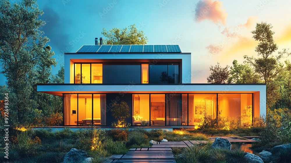 A modern eco-friendly house with a solar panel system installed on the roof. Ai generative illustration A modern eco-friendly house with a solar panel system installed on the roof. Ai generative illustration