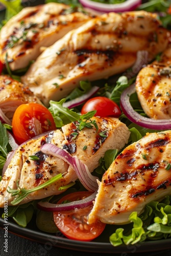 Grilled Chicken Breast Salad With Cherry Tomatoes Green, Red Onion and Fresh Arugula, Healthy Food