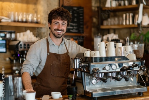 Barista Standing Proudly Behind His Espresso Machine photo