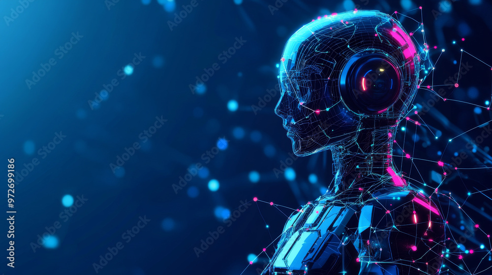 A 3D vector illustration of an AI robot composed of wireframe polygons and interconnected dots against a technology blue background. Features include an AI chip and chatbot elements on a futuristic A 3D vector illustration of an AI robot composed of wireframe polygons and interconnected dots against a technology blue background. Features include an AI chip and chatbot elements on a futuristic