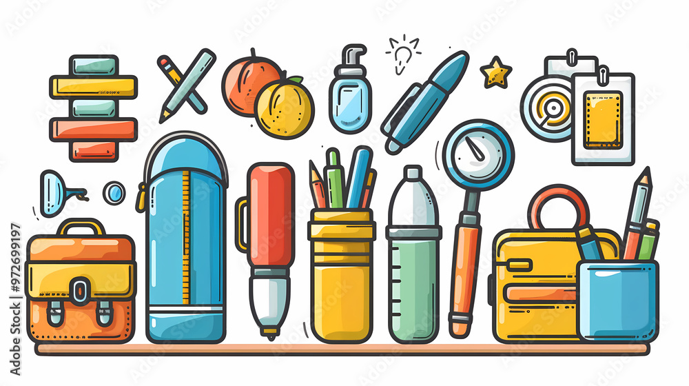 A simple vector icon illustration depicting the group of office supply items at center for a website isolated white background A simple vector icon illustration depicting the group of office supply items at center for a website isolated white background