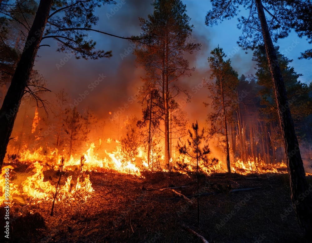 An overhead view of a forest fire at night. Generated with AI An overhead view of a forest fire at night. Generated with AI