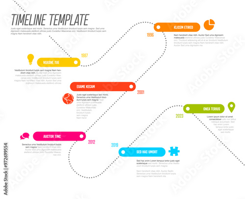 Simple timeline template made of rainbow color thick line segments on dotted time line. Multipurpose infochart template displaying main milestones or important stages on diagonal timeline path.