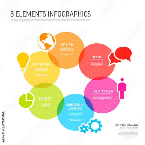Fresh Colorful Infographic multipurpose Template with Six Rainbow circle items on white background with icons and descriptions. Multipurpose infochart cycle template