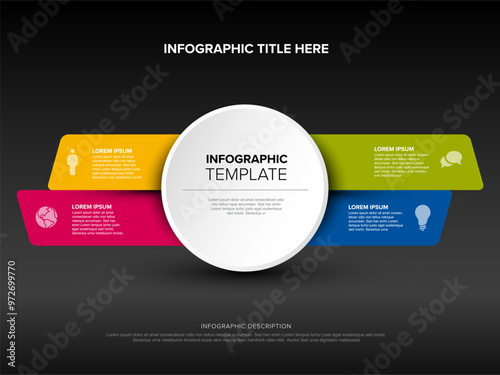 Multipurpose infographic template with big center and four elements on color stripes all on dark gray background with light shadow
