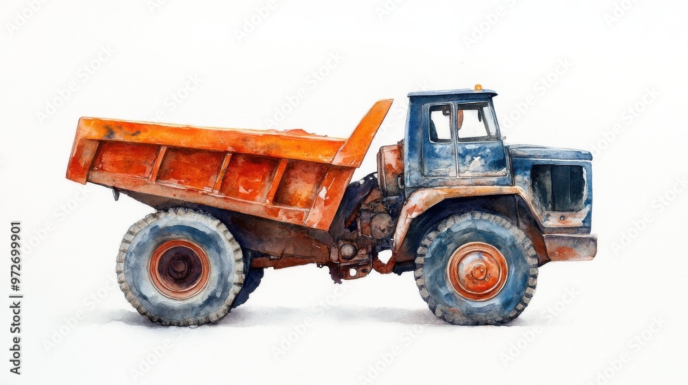 Fototapeta premium Old dump truck with an orange bed parked against a plain background during daylight hours