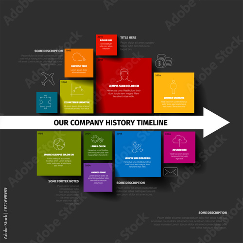 Vector Minimalist colorful mosaic Infographic timeline report template with square blocks around big white time direction arrow. Colorful time line infochart with eight elements