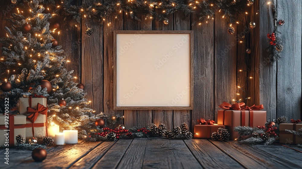 Christmas mockup of a blank poster on a rustic wooden wall, surrounded by festive garlands, pinecones, and a warm holiday atmosphere. 4K hyperrealistic photo. Christmas mockup of a blank poster on a rustic wooden wall, surrounded by festive garlands, pinecones, and a warm holiday atmosphere. 4K hyperrealistic photo.