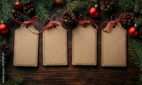 4 Blank Gift Tags on Wooden Table with Christmas Decorations. AI generated illustration