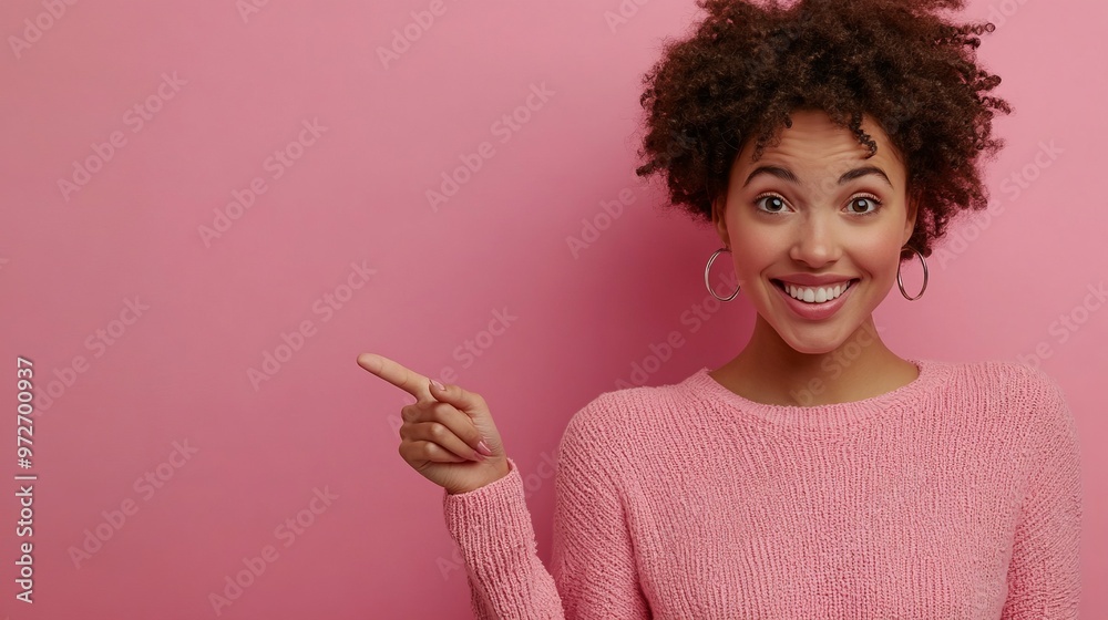 Photo of positive cute lady dressed knitted pink shirt smiling showing arm pointing finger empty space Photo of positive cute lady dressed knitted pink shirt smiling showing arm pointing finger empty space