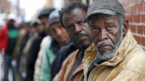 A long line of people waiting at a food distribution center, their faces weary and anxious, illustrating the desperation caused by food scarcity