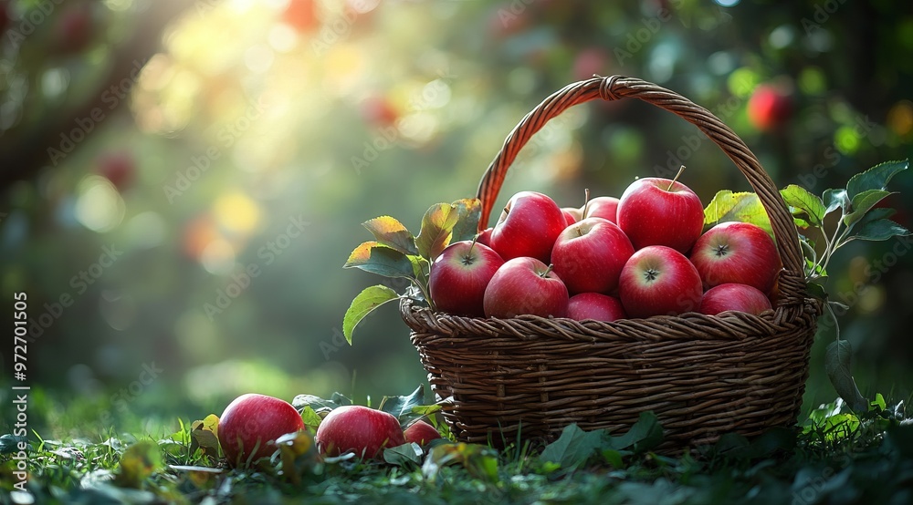 Basket of Red Apples on Grass with Sunlit Trees in a Lush Natural Setting. AI generated illustration Basket of Red Apples on Grass with Sunlit Trees in a Lush Natural Setting. AI generated illustration