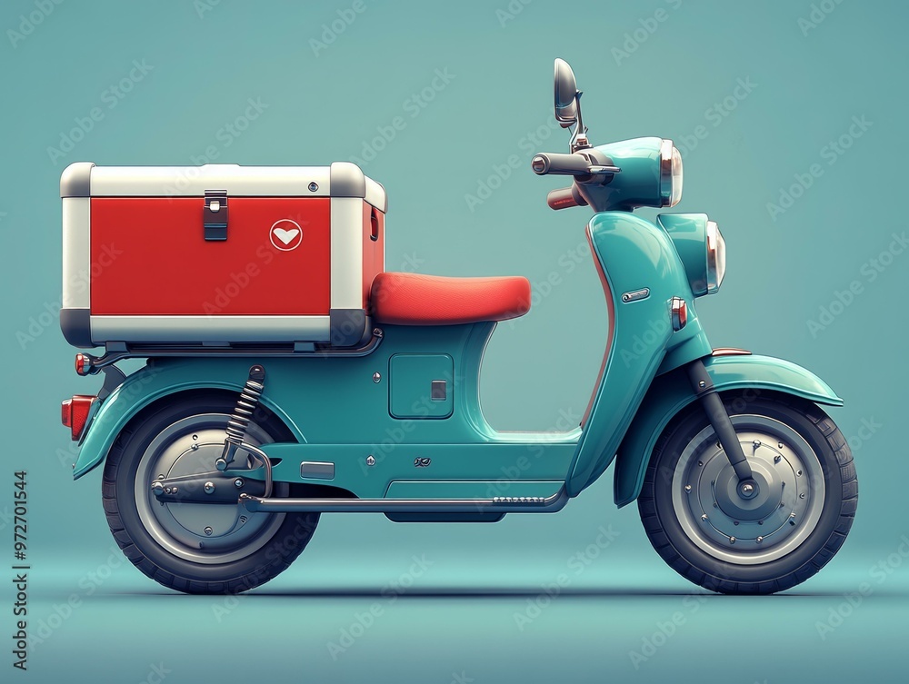 Obraz premium Vintage Red and Blue Motorcycle with Box Storage, 3D Rendered Image