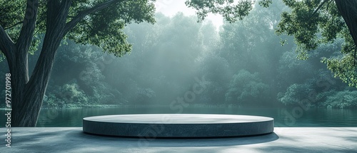 Minimalist 3D podium in a beautiful natural setting clean composition elegant simplicity soft natural tones serene scene photo