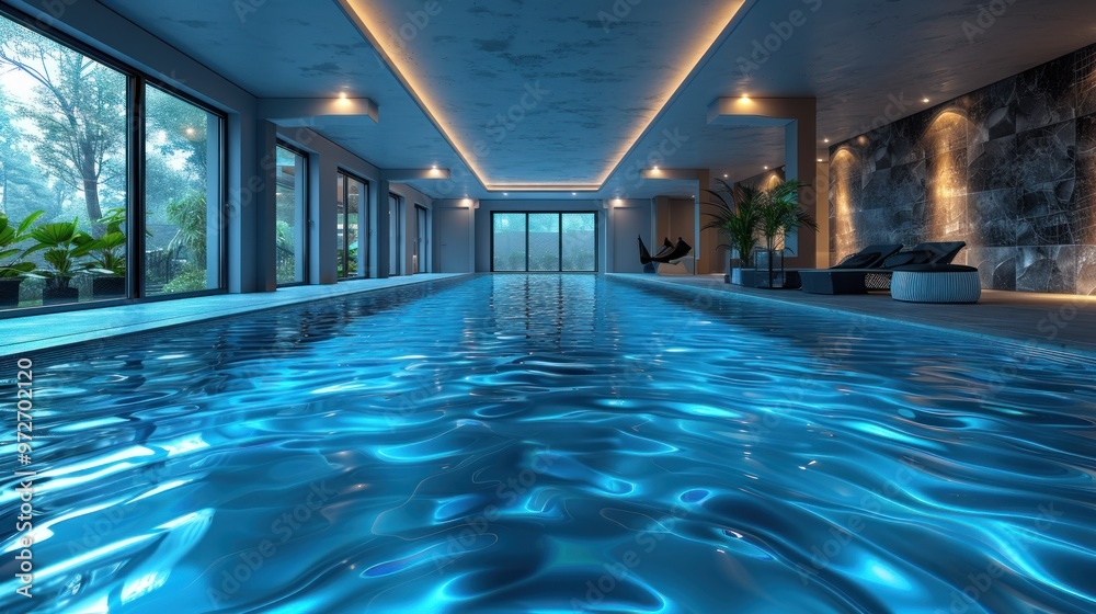 Obraz premium Serene indoor swimming pool with shimmering blue water surrounded by lush greenery at twilight. Generative AI