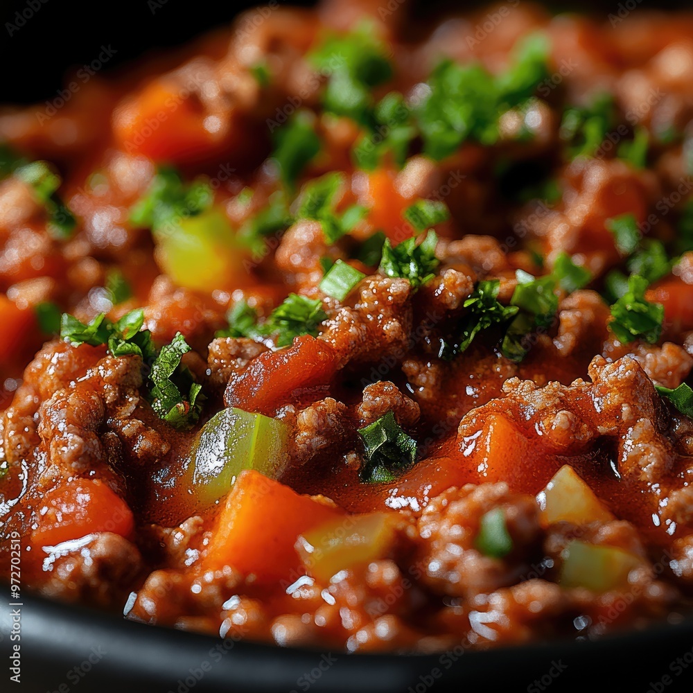 Macro Shot of Minced Meat and Diced Vegetables in Bolognese Sauce Macro Shot of Minced Meat and Diced Vegetables in Bolognese Sauce