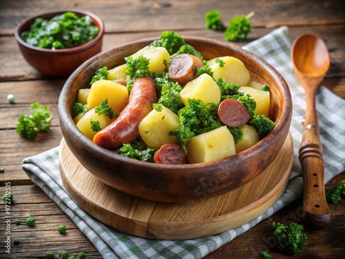 Traditional Dutch dish stampot featuring boiled potatoes, kale, and sausage served in a rustic wooden bowl on a photo