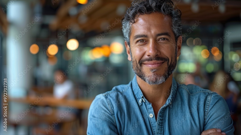 A cheerful man in casual attire enjoying a lively café atmosphere on a sunny afternoon. Generative AI A cheerful man in casual attire enjoying a lively café atmosphere on a sunny afternoon. Generative AI