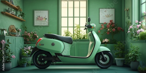 A Vibrant Garden Room with a Mint-Colored Scooter