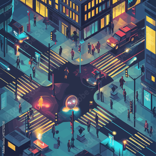 Isometric City Intersection with Traffic and Pedestrians